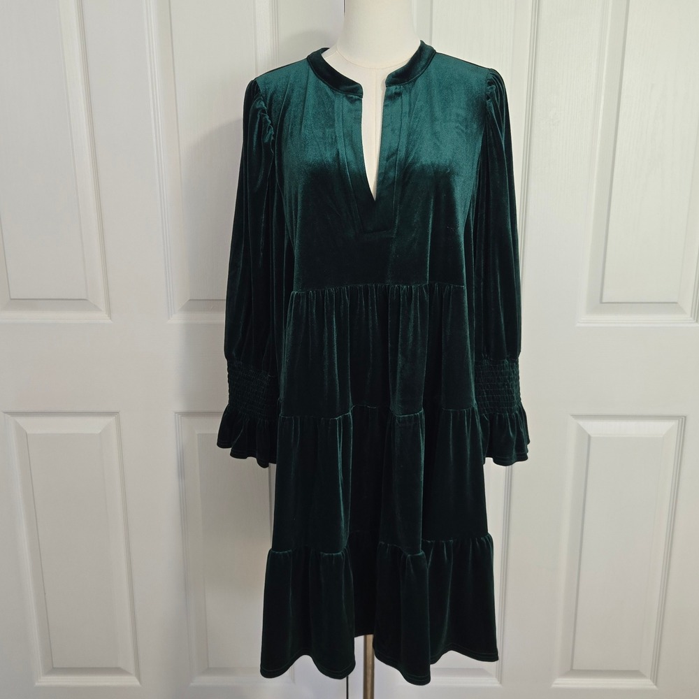 Sugarlips Velvet Tiered Babydoll Dress Womens XL Green Split Neck Smocked Ruffle